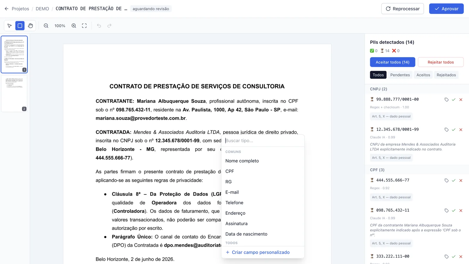 Demonstração · upload → tipificação → tarjamento → extração